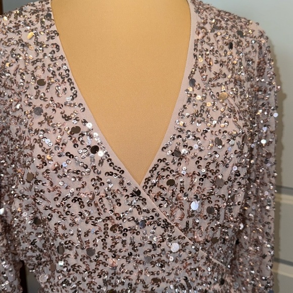 ASOS Maya Deluxe fully beaded sequin faux wrap, formal mini dress, frosted pink - Picture 8 of 16